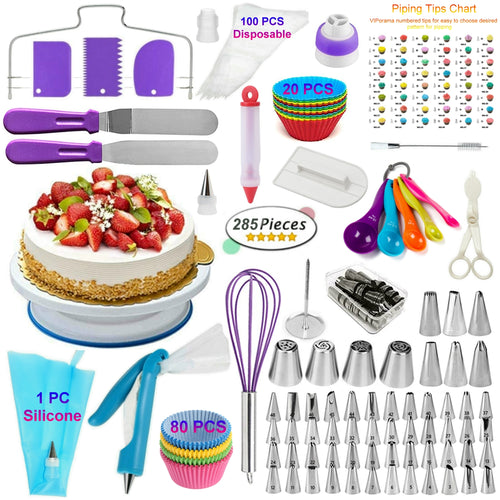 VIPorama Cake Decorating Supplies Kit 285pcs Set with Baking supplies - Cake Turntable stand Icing Spatulas 54 Piping Icing Tips & Bags 4 Russian Tips Cupcake Decorating Kit